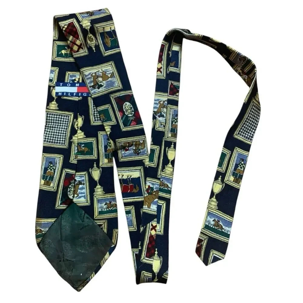 Tommy Hilfiger tie horse derby Italian silk Black art frame Gold Trophy Necktie